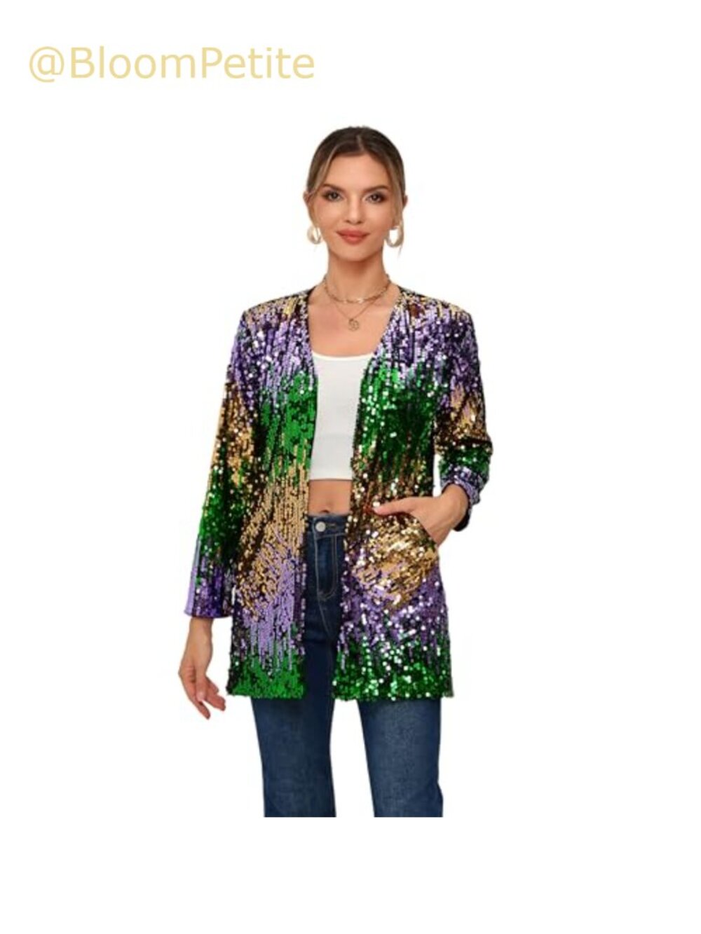 Sequin Blazer Jacket Long Sleeve Open Front Glitter Sparkly Coat Party